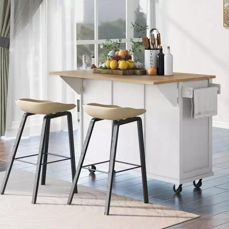 Drop-Leaf Countertop Kitchen Island, Kitchen Cart with 5 Wheels, Storage Cabinet and 3 Drawers-ModernLuxe