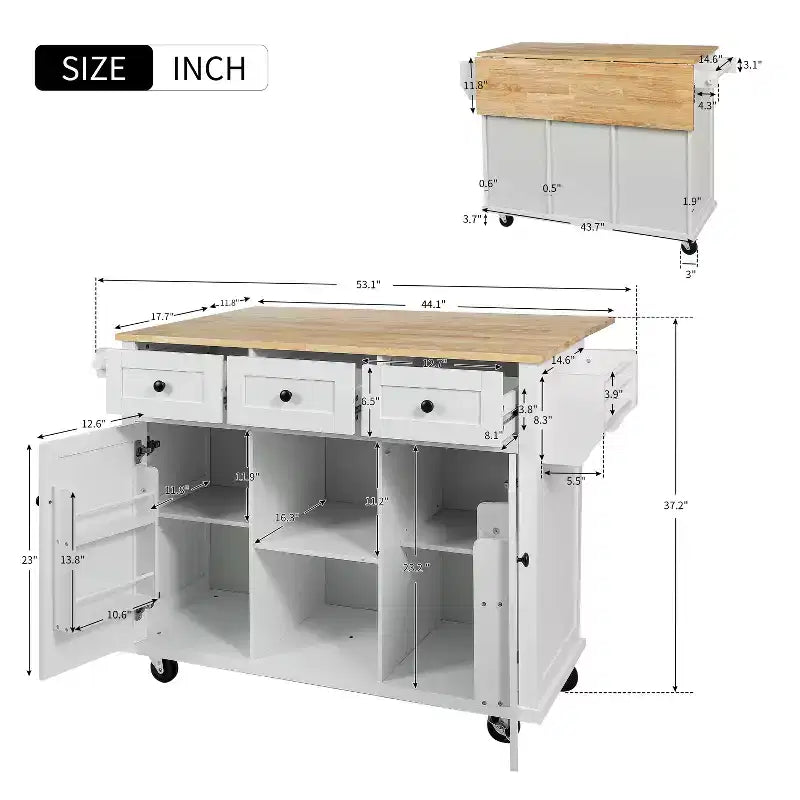 Drop-Leaf Countertop Kitchen Island, Kitchen Cart with 5 Wheels, Storage Cabinet and 3 Drawers-ModernLuxe