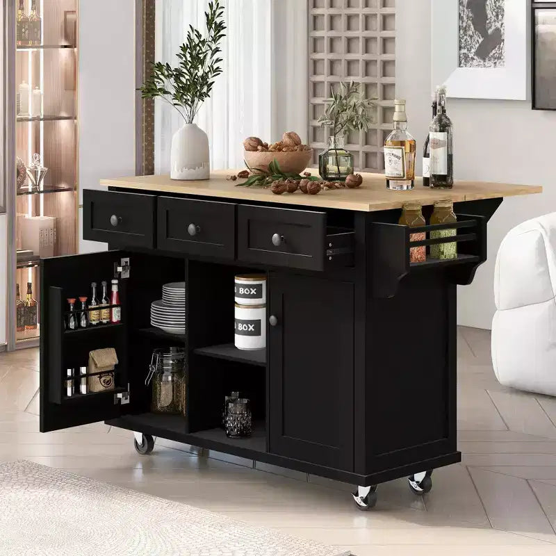 Drop-Leaf Countertop Kitchen Island, Kitchen Cart with 5 Wheels, Storage Cabinet and 3 Drawers-ModernLuxe