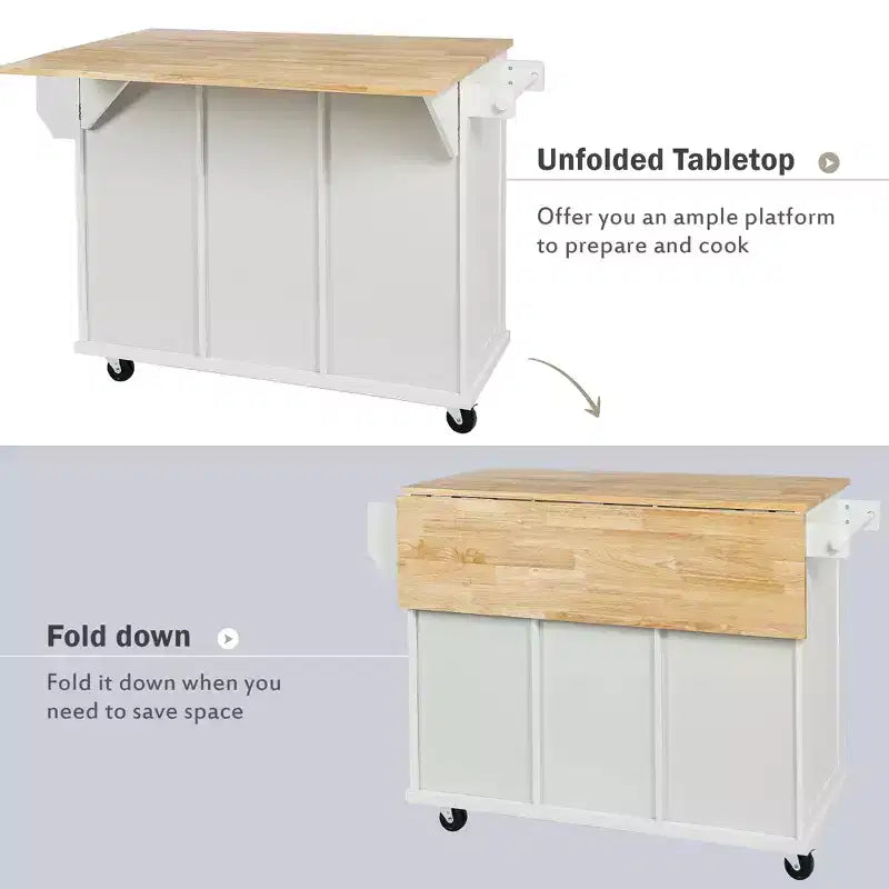 Drop-Leaf Countertop Kitchen Island, Kitchen Cart with 5 Wheels, Storage Cabinet and 3 Drawers-ModernLuxe