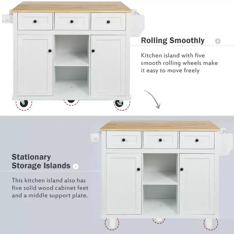 Drop-Leaf Countertop Kitchen Island, Kitchen Cart with 5 Wheels, Storage Cabinet and 3 Drawers-ModernLuxe