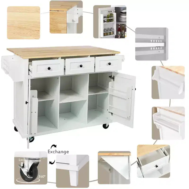 Drop-Leaf Countertop Kitchen Island, Kitchen Cart with 5 Wheels, Storage Cabinet and 3 Drawers-ModernLuxe
