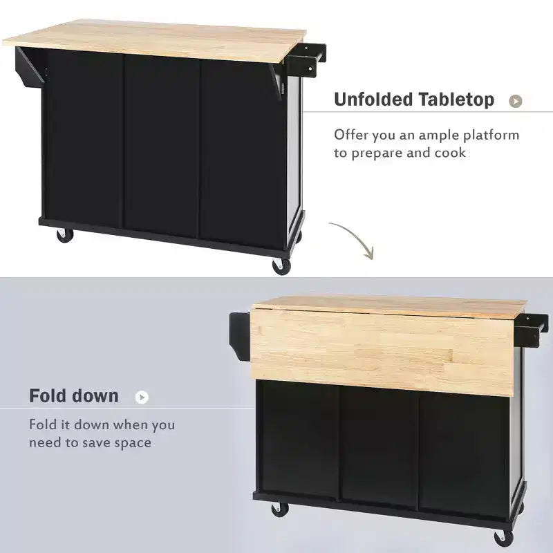 Drop-Leaf Countertop Kitchen Island, Kitchen Cart with 5 Wheels, Storage Cabinet and 3 Drawers-ModernLuxe