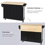 Drop-Leaf Countertop Kitchen Island, Kitchen Cart with 5 Wheels, Storage Cabinet and 3 Drawers-ModernLuxe