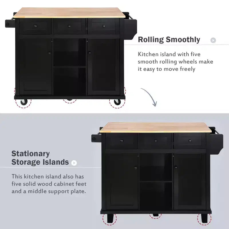 Drop-Leaf Countertop Kitchen Island, Kitchen Cart with 5 Wheels, Storage Cabinet and 3 Drawers-ModernLuxe