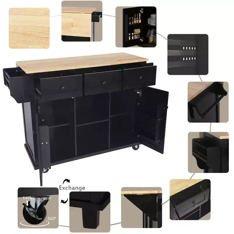 Drop-Leaf Countertop Kitchen Island, Kitchen Cart with 5 Wheels, Storage Cabinet and 3 Drawers-ModernLuxe