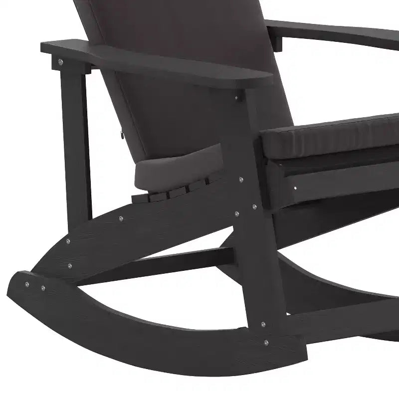 Sedia a dondolo Adirondack Merrick Lane in poliresina per tutte le stagioni con doghe verticali e cuscini resistenti alle intemperie