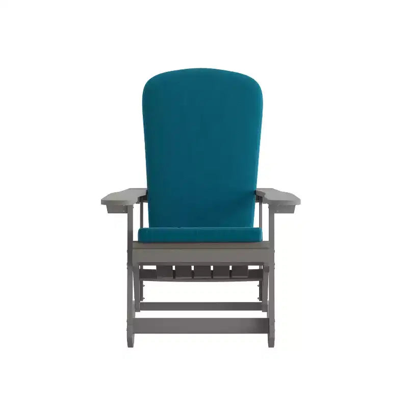 Sedia a dondolo Adirondack Merrick Lane in poliresina per tutte le stagioni con doghe verticali e cuscini resistenti alle intemperie