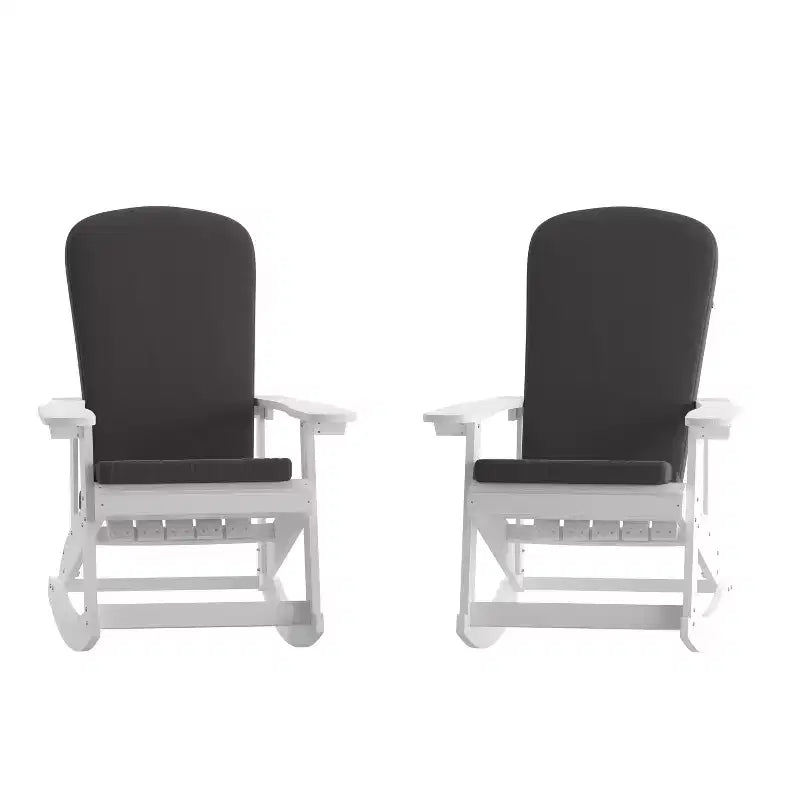 Sedia a dondolo Adirondack Merrick Lane in poliresina per tutte le stagioni con doghe verticali e cuscini resistenti alle intemperie