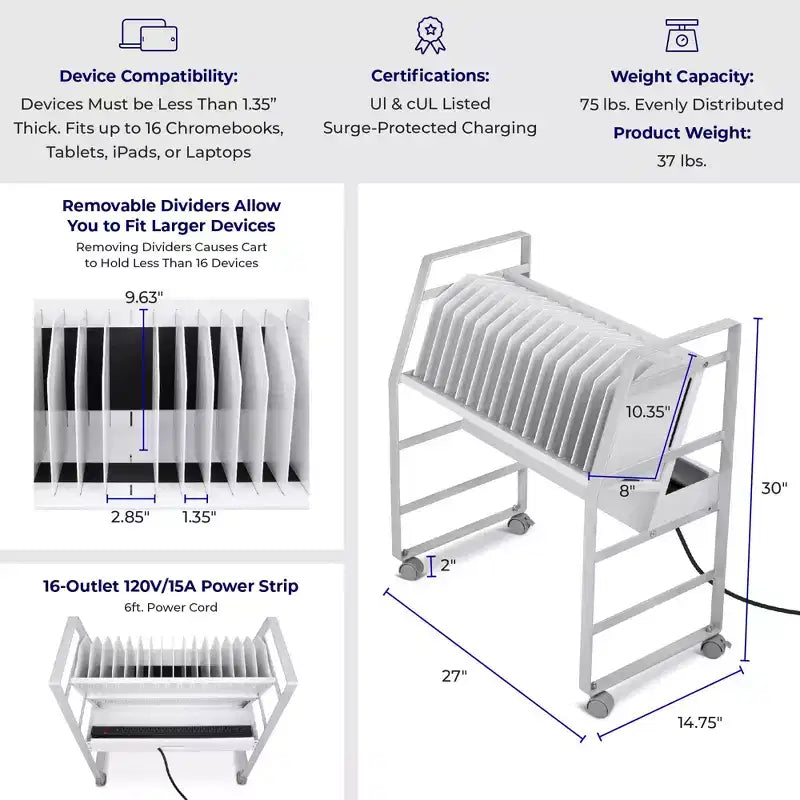 Carrello di ricarica aperto Stand Steady Line Leader per un massimo di 16 dispositivi - Bianco