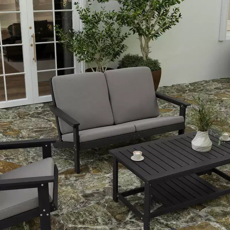 Merrick Lane All-Weather Poly Resin Wood Adirondack Style Deep Seat Patio Loveseat with Cushions