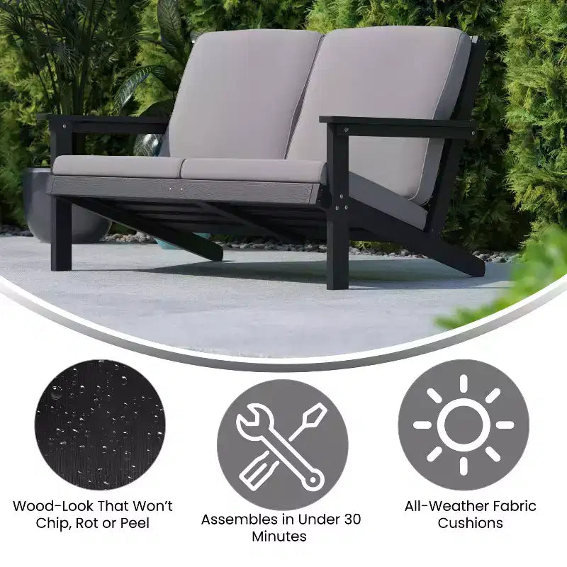 Merrick Lane All-Weather Poly Resin Wood Adirondack Style Deep Seat Patio Loveseat with Cushions