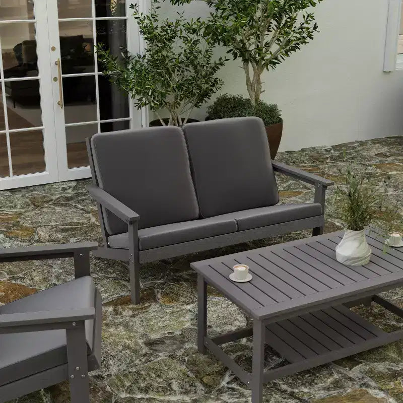 Merrick Lane All-Weather Poly Resin Wood Adirondack Style Deep Seat Patio Loveseat with Cushions