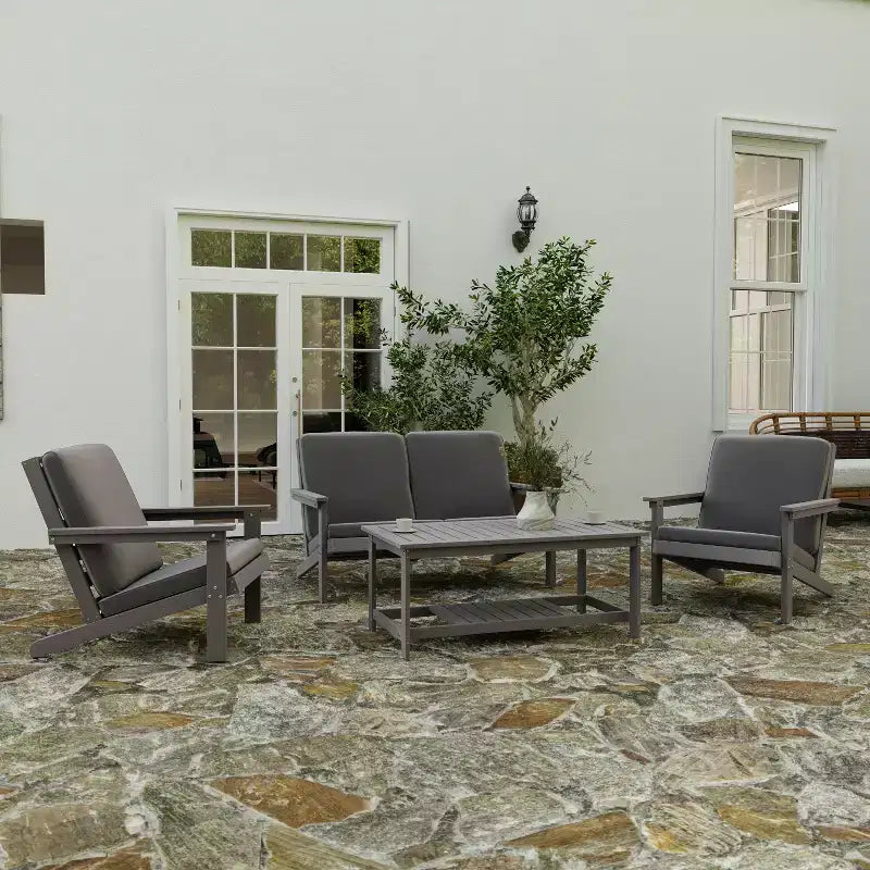 Merrick Lane All-Weather Poly Resin Wood Adirondack Style Deep Seat Patio Loveseat with Cushions