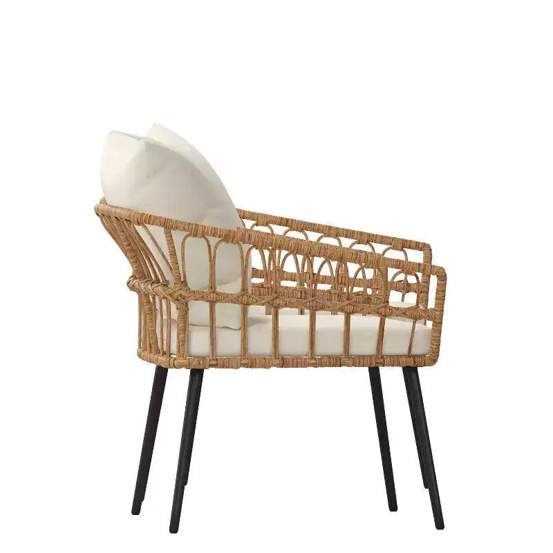 Emma and Oliver Indoor/Outdoor Bohemian Natural Rattan Rope Patio Chairs with Open Weave Design and Removable Plush Cushions