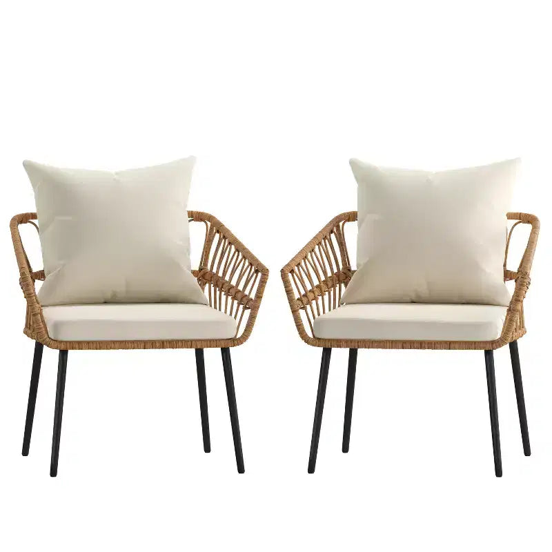 Emma and Oliver Indoor/Outdoor Bohemian Natural Rattan Rope Patio Chairs with Open Weave Design and Removable Plush Cushions