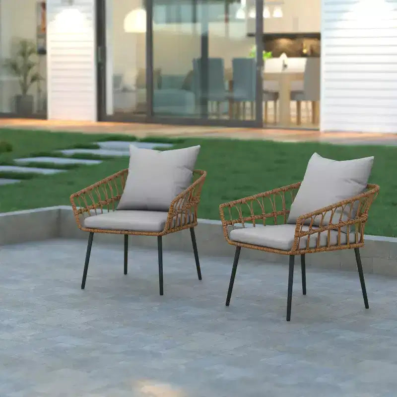 Emma and Oliver Indoor/Outdoor Bohemian Natural Rattan Rope Patio Chairs with Open Weave Design and Removable Plush Cushions