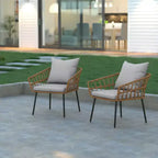 Emma and Oliver Indoor/Outdoor Bohemian Natural Rattan Rope Patio Chairs with Open Weave Design and Removable Plush Cushions