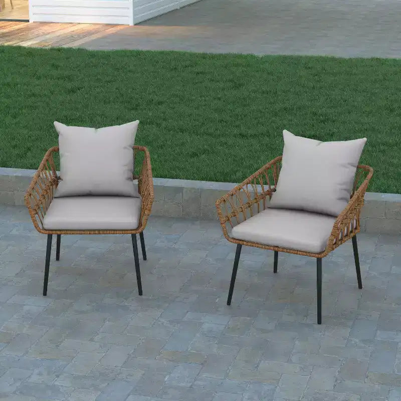 Emma and Oliver Indoor/Outdoor Bohemian Natural Rattan Rope Patio Chairs with Open Weave Design and Removable Plush Cushions