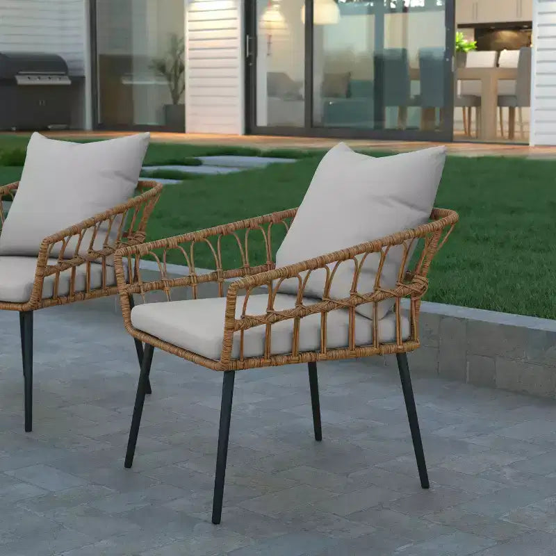 Emma and Oliver Indoor/Outdoor Bohemian Natural Rattan Rope Patio Chairs with Open Weave Design and Removable Plush Cushions