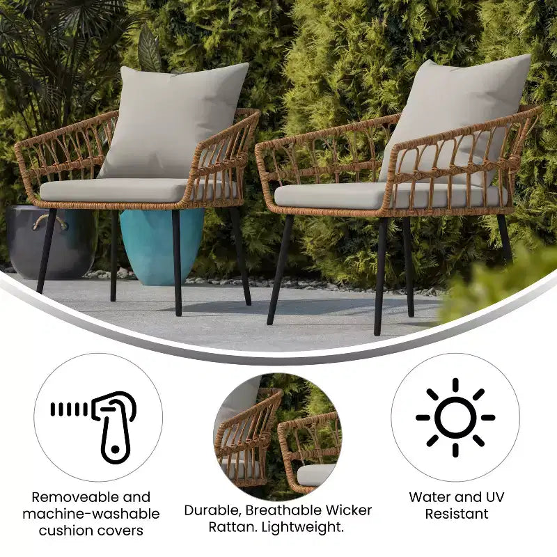 Emma and Oliver Indoor/Outdoor Bohemian Natural Rattan Rope Patio Chairs with Open Weave Design and Removable Plush Cushions