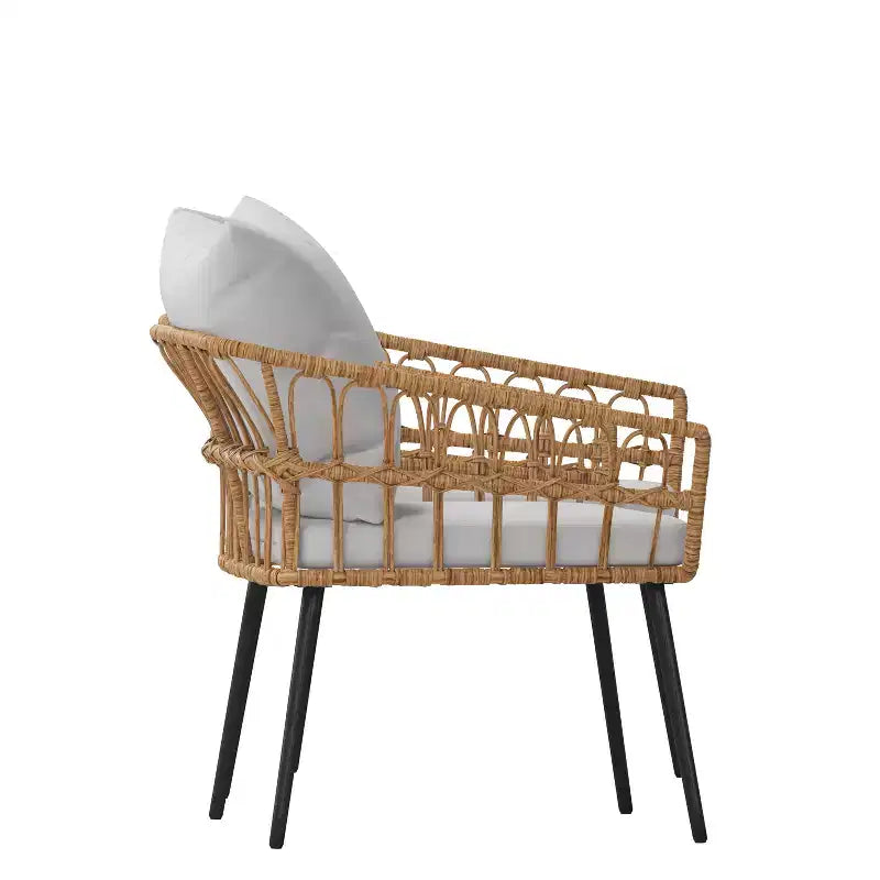 Emma and Oliver Indoor/Outdoor Bohemian Natural Rattan Rope Patio Chairs with Open Weave Design and Removable Plush Cushions