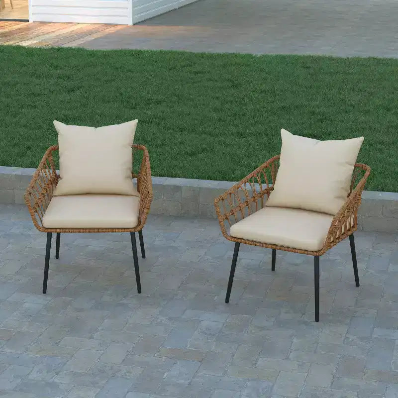 Emma and Oliver Indoor/Outdoor Bohemian Natural Rattan Rope Patio Chairs with Open Weave Design and Removable Plush Cushions
