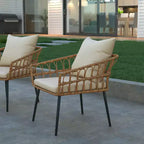 Emma and Oliver Indoor/Outdoor Bohemian Natural Rattan Rope Patio Chairs with Open Weave Design and Removable Plush Cushions