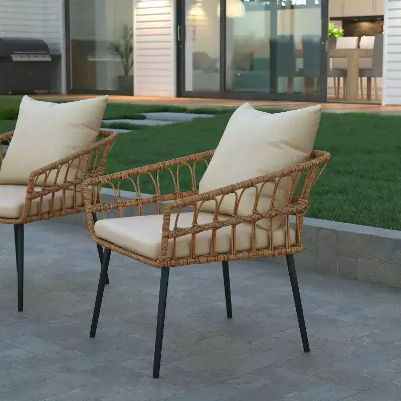 Emma and Oliver Indoor/Outdoor Bohemian Natural Rattan Rope Patio Chairs with Open Weave Design and Removable Plush Cushions