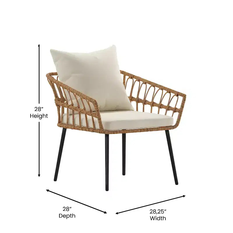 Emma and Oliver Indoor/Outdoor Bohemian Natural Rattan Rope Patio Chairs with Open Weave Design and Removable Plush Cushions