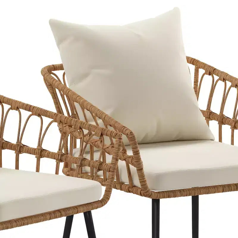 Emma and Oliver Indoor/Outdoor Bohemian Natural Rattan Rope Patio Chairs with Open Weave Design and Removable Plush Cushions