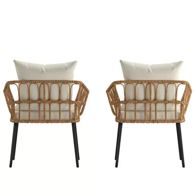 Emma and Oliver Indoor/Outdoor Bohemian Natural Rattan Rope Patio Chairs with Open Weave Design and Removable Plush Cushions