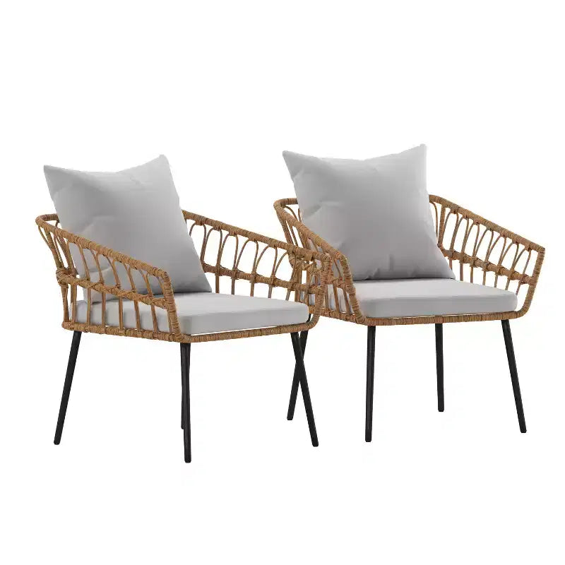 Sedie da patio Emma and Oliver in corda di rattan naturale stile bohémien per interni/esterni con design a trama aperta e cuscini imbottiti rimovibili