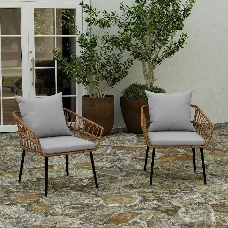 Merrick Lane Set of Two Indoor/Outdoor Boho Style Open Weave Rattan Rope Patio Chairs with Cushions