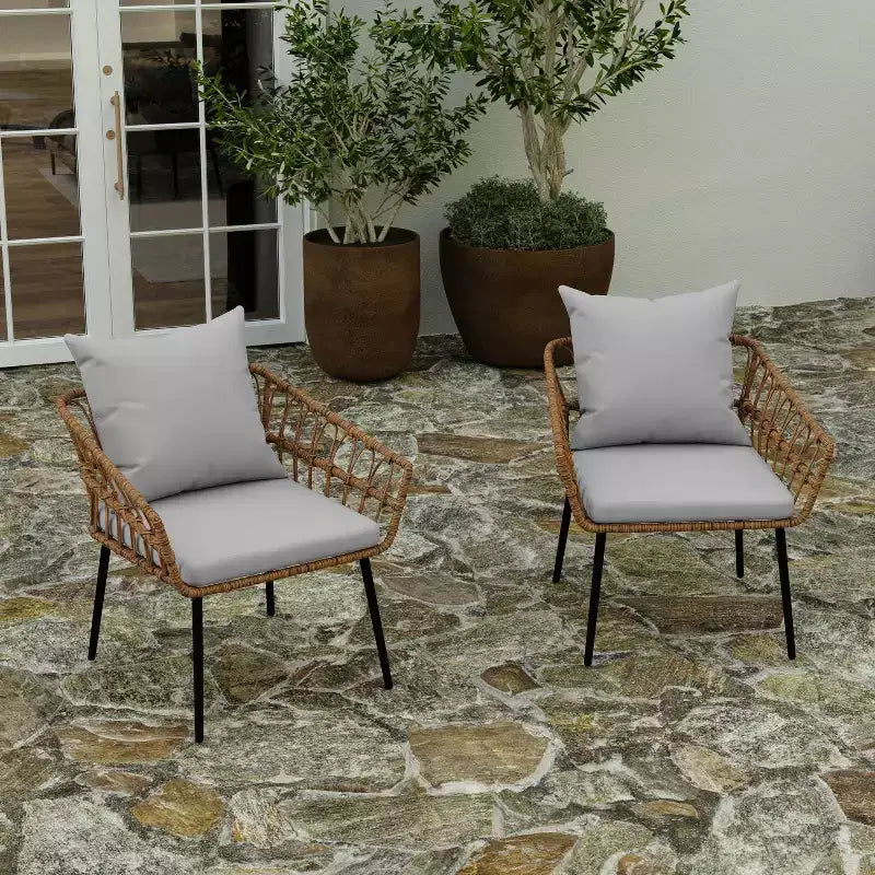 Merrick Lane Set of Two Indoor/Outdoor Boho Style Open Weave Rattan Rope Patio Chairs with Cushions