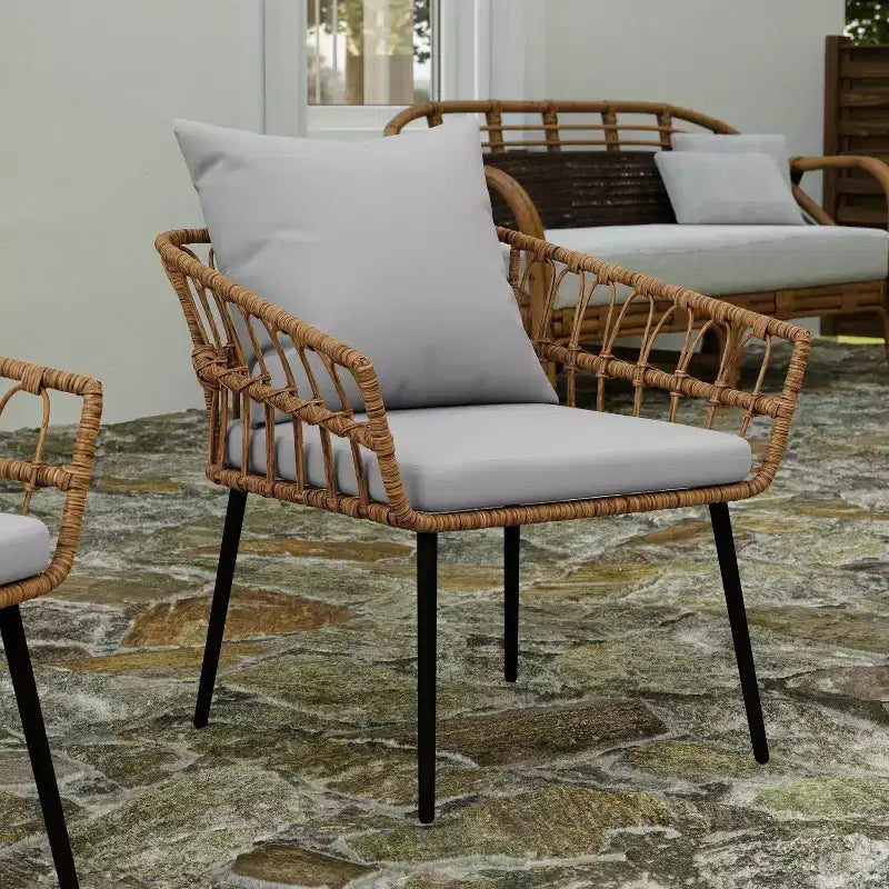 Merrick Lane Set of Two Indoor/Outdoor Boho Style Open Weave Rattan Rope Patio Chairs with Cushions