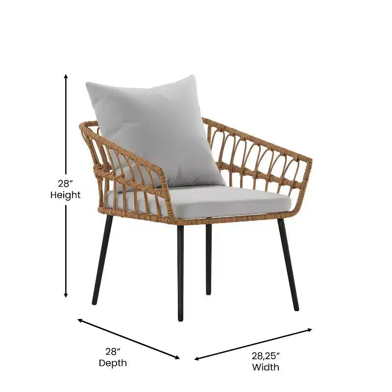 Merrick Lane Set of Two Indoor/Outdoor Boho Style Open Weave Rattan Rope Patio Chairs with Cushions