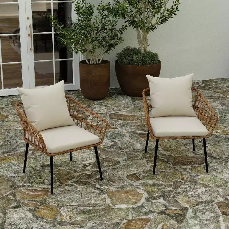 Merrick Lane Set of Two Indoor/Outdoor Boho Style Open Weave Rattan Rope Patio Chairs with Cushions