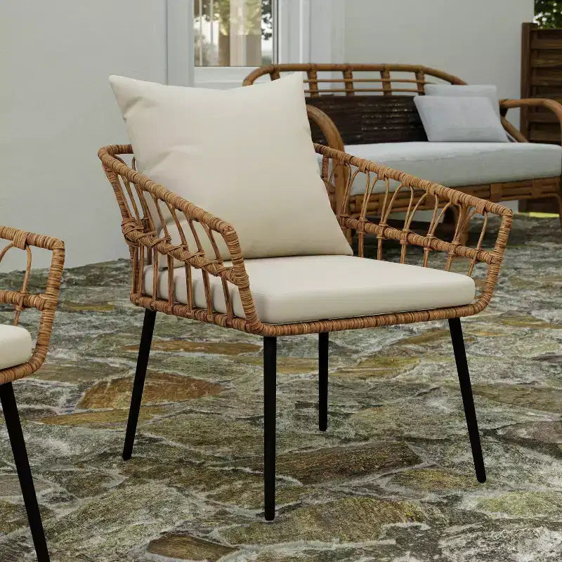 Merrick Lane Set of Two Indoor/Outdoor Boho Style Open Weave Rattan Rope Patio Chairs with Cushions
