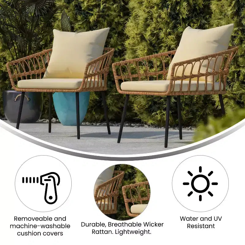 Merrick Lane Set of Two Indoor/Outdoor Boho Style Open Weave Rattan Rope Patio Chairs with Cushions