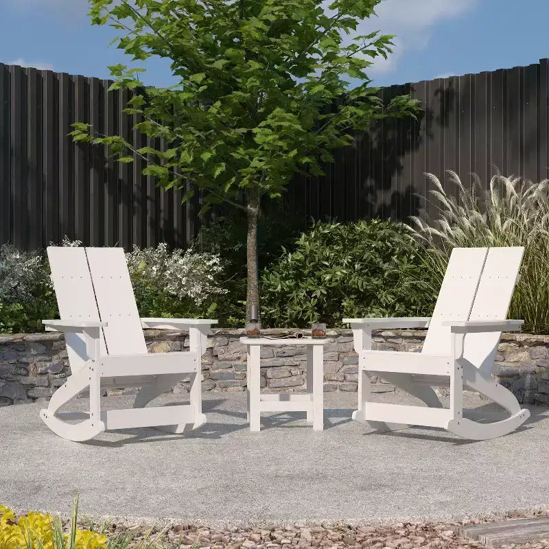 Merrick Lane Wellington 3 Piece Patio Furniture Set Includes All-Weather UV Treated Adirondack Rocking Chairs and Side Table