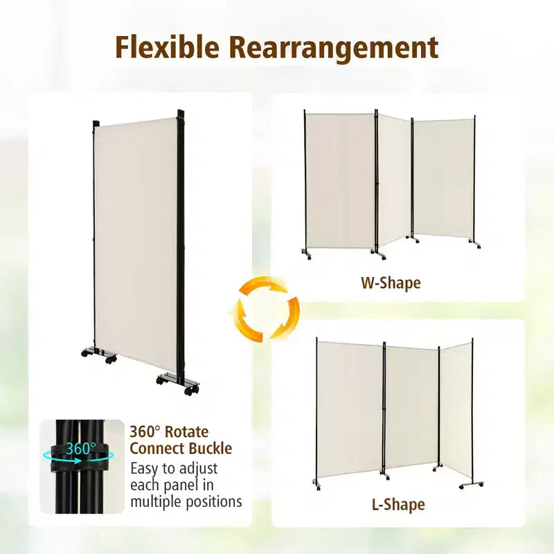 Costway Divisorio Pieghevole a 3 Pannelli da 1,8 m, Schermo Privacy con Ruote Bloccabili Nero/Marrone/Grigio/Bianco