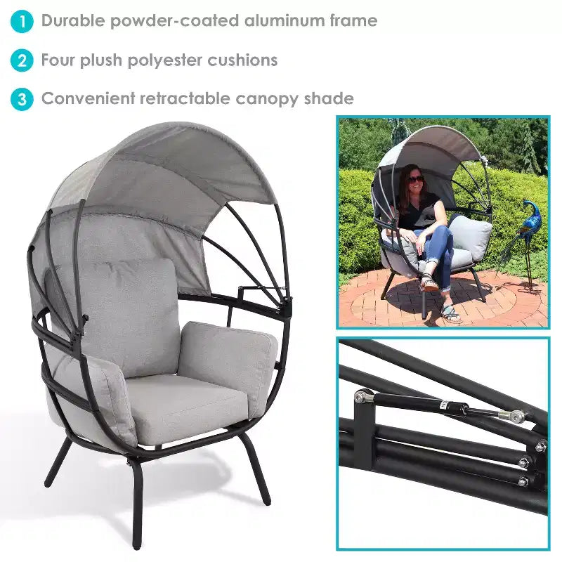 Sunnydaze Moderna Sedia a Sdraio da Giardino di Lusso con Parasole Retrattile - Telaio in Alluminio Verniciato a Polvere con Cuscini e Tettoia in Poliestere