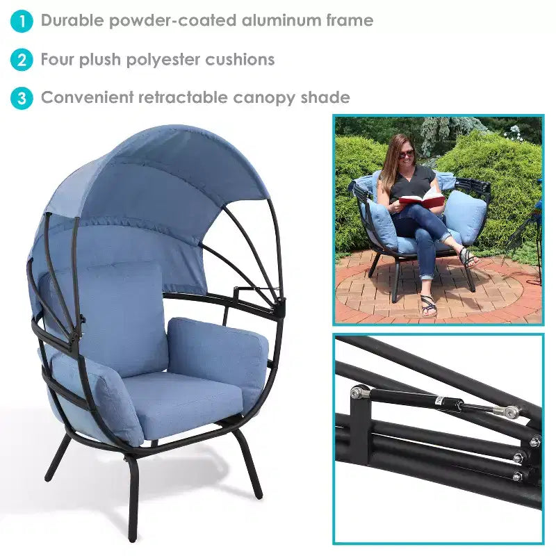 Sunnydaze Moderna Sedia a Sdraio da Giardino di Lusso con Parasole Retrattile - Telaio in Alluminio Verniciato a Polvere con Cuscini e Tettoia in Poliestere