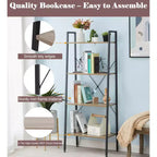 LuxenHome 4-Shelf 58.3 x 23.62 W Wood and Metal Ladder Bookcase. Brown