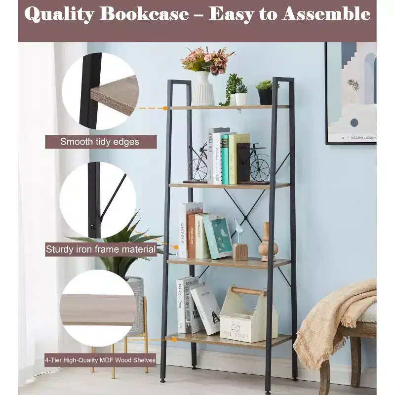 LuxenHome 4-Shelf 58.3 x 23.62 W Wood and Metal Ladder Bookcase. Brown