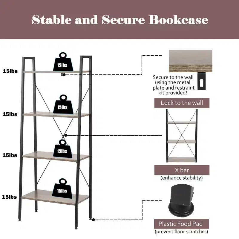 LuxenHome 4-Shelf 58.3 x 23.62 W Wood and Metal Ladder Bookcase. Brown
