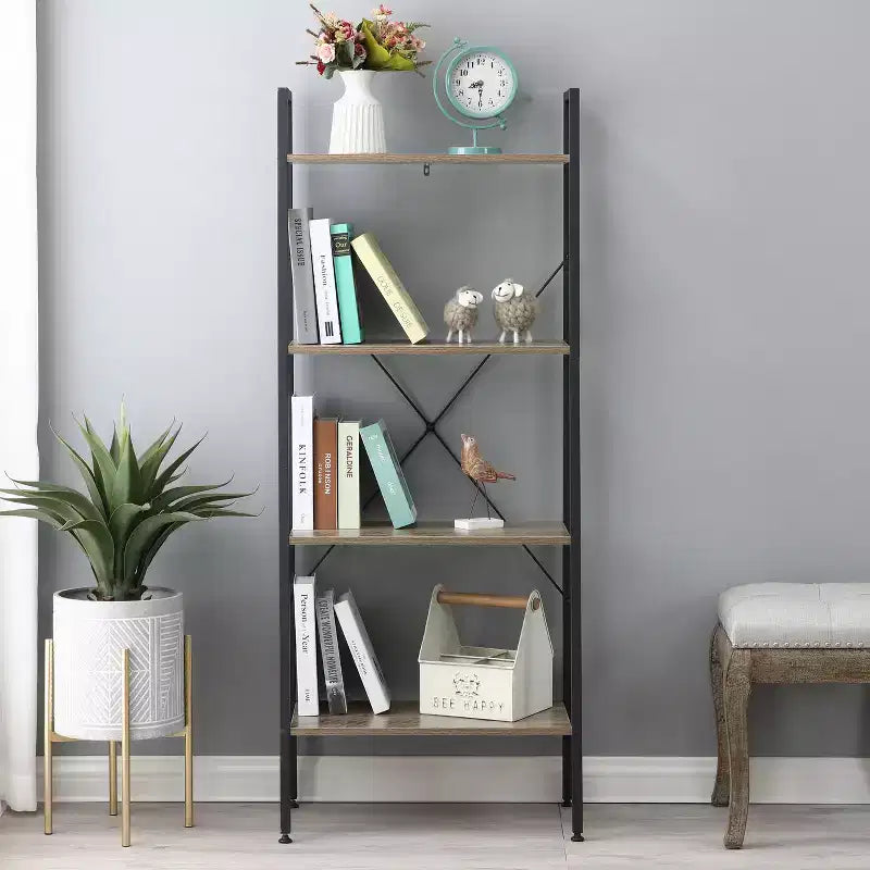 LuxenHome 4-Shelf 58.3 x 23.62 W Wood and Metal Ladder Bookcase. Brown