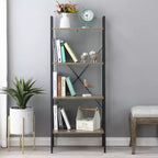 LuxenHome 4-Shelf 58.3 x 23.62 W Wood and Metal Ladder Bookcase. Brown