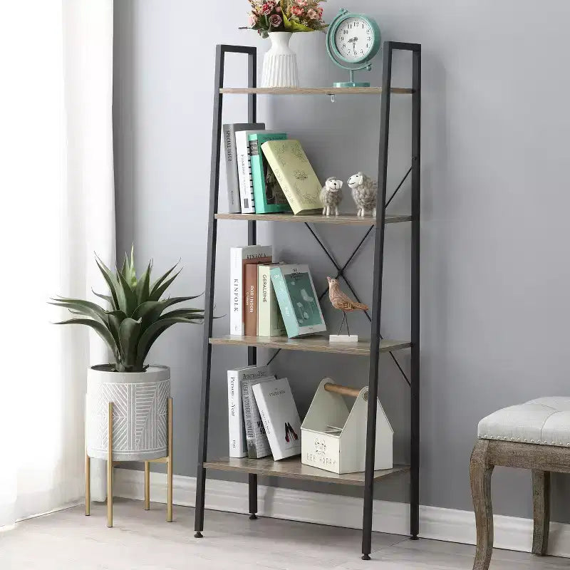 LuxenHome 4-Shelf 58.3 x 23.62 W Wood and Metal Ladder Bookcase. Brown